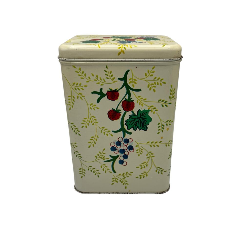 Vintage 40s 50s CHEINCO Decorative Tin Canister Berries Leaves Metal Ivory Green
